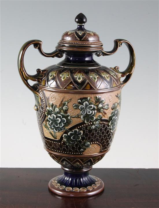 Eliza Simmance for Doulton Lambeth. A twin handled vase and cover, c.1900, 29.5cm